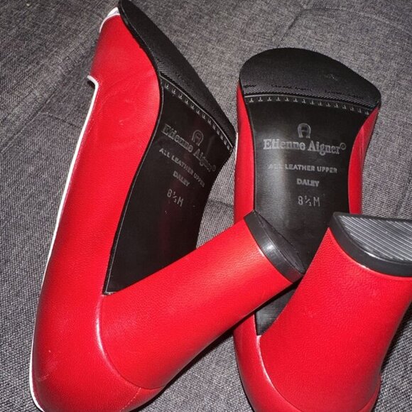 Etienne Aigner Red/White Peep Toe Slip On Thick Block Heel Leather Size 8.5 M - Picture 12 of 16